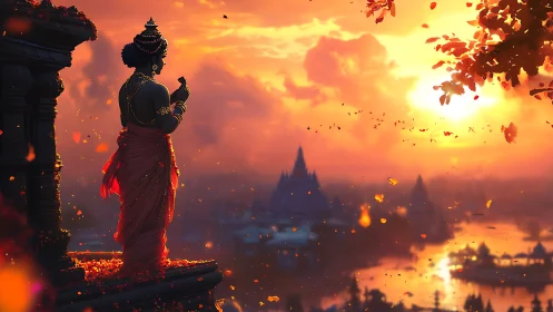 Radiant sunset blessings flow over a tranquil riverside temple