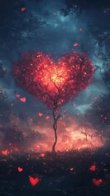 Heart-Shaped Tree Glowing with Luminous Red Passion