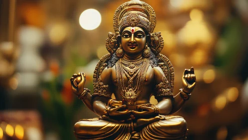 Golden serene deity statue glowing in soft temple light.