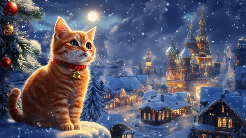 Ginger Christmas kitten under moonlit snowy city skyline.