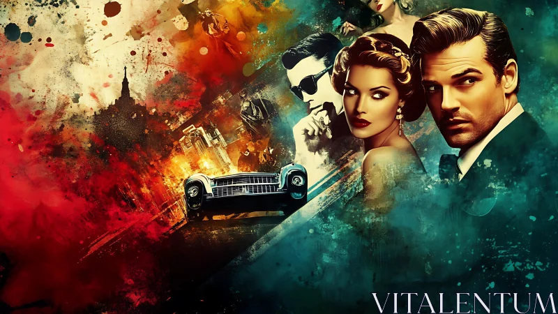 Cinematic noir couple and sleek car in bold city colors.