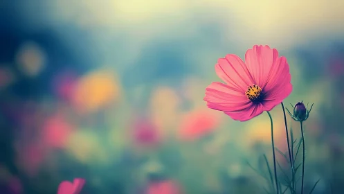 Pink Cosmos Blooms Against Soft Blue Bokeh Garden