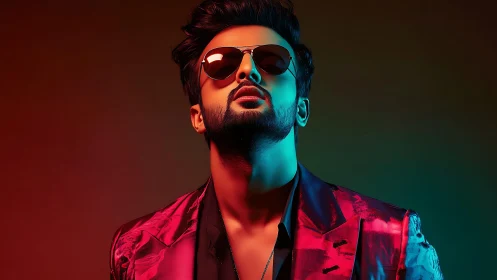 Male portrait in colored studio lighting wearing sunglasses.
