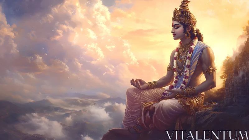 Divine meditative figure above luminous mountain clouds.