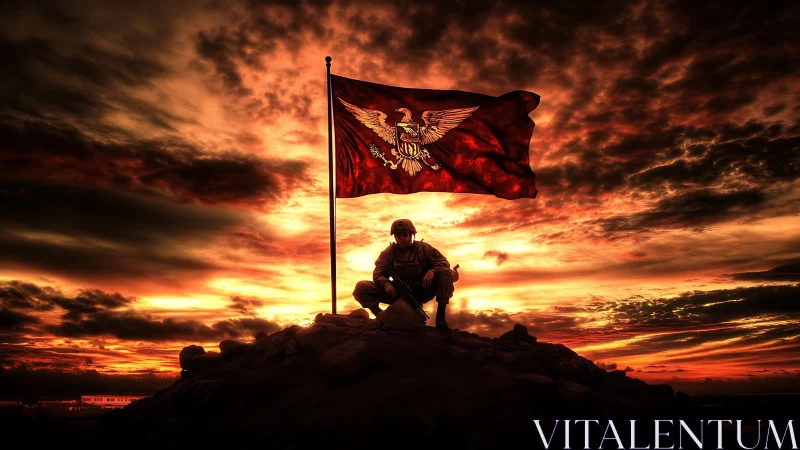 Sunset bunker crowns a lone soldier beneath a burning banner