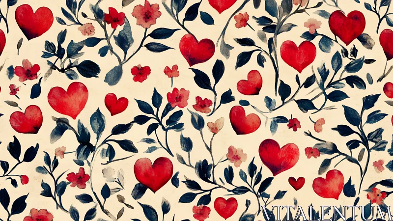 Red Hearts and Floral Vines on Cream Background.
