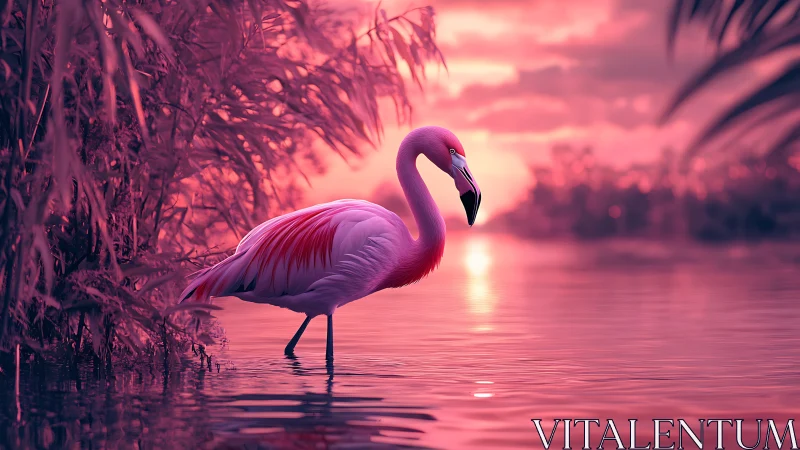 Solitary flamingo standing in shallow water at sunset.
