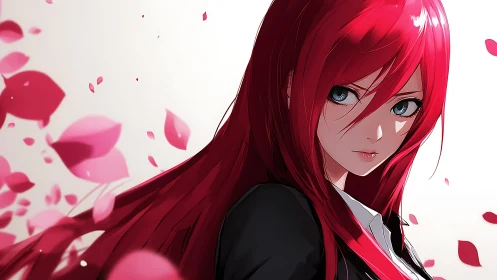 Red haired anime girl stands in drifting rose petals
