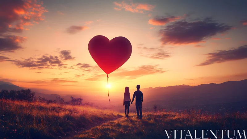 Couple with red heart balloon at sunset.