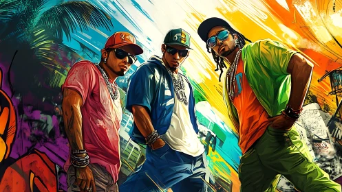 Urban street trio under neon graffiti sky in digital color.