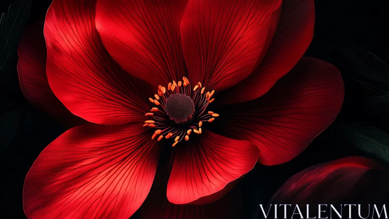 Red bloom with orange stamens against black background.