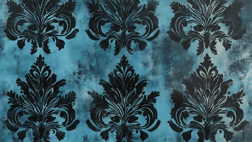 Baroque damask motif over distressed teal textured ground.