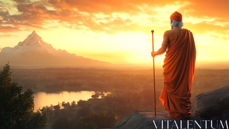 Sunlit sage overlooking distant snow peak at dawn.