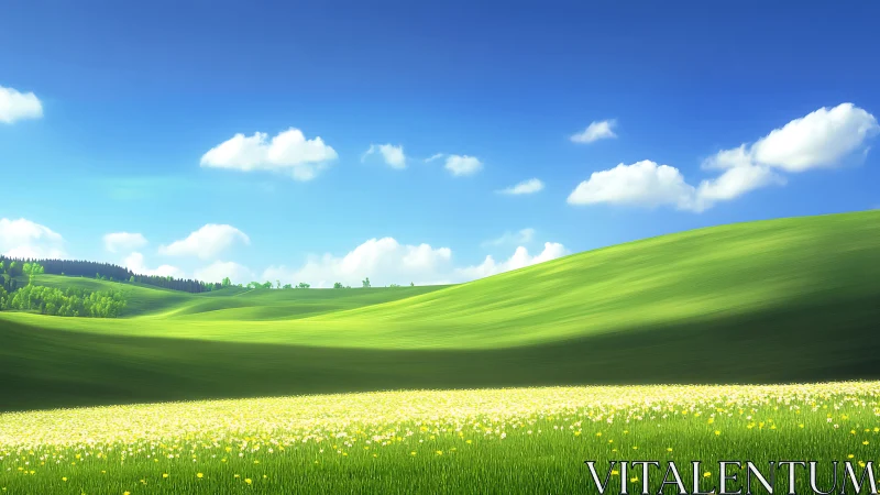 Rolling green hills under clear blue sky with clouds.