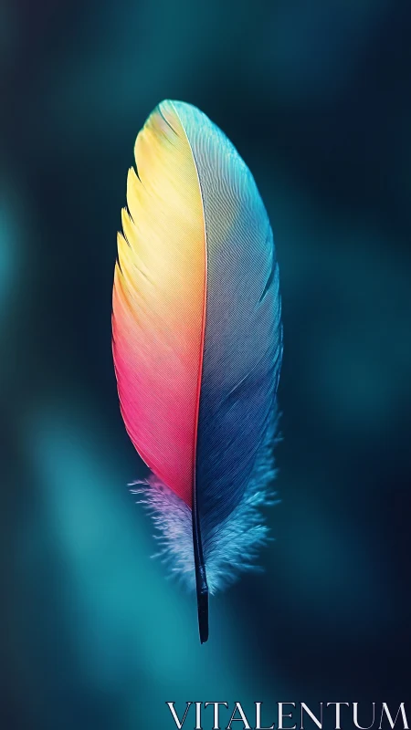 Iridescent macro feather in cyan teal bokeh field.