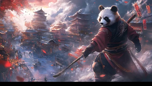 Panda warrior stands bold over a glowing ancient cityscape.