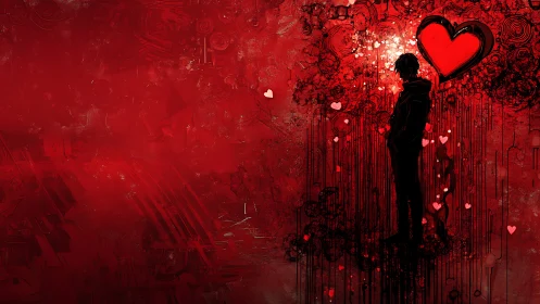 Silhouetted figure gazes at luminous heart symbol amid red abstract texture