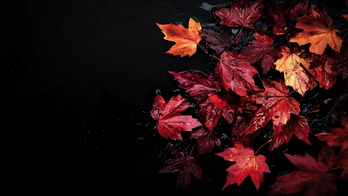 Wet crimson maple leaves glow softly against deep black