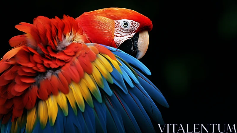 Vibrant Scarlet Macaw Portrait with Detailed Feathers on Black Background.
