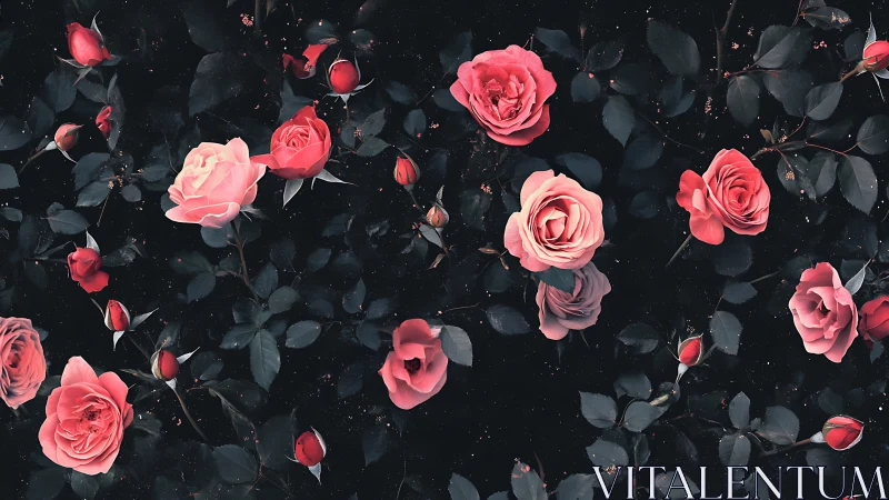 Pink roses on dark foliage. Overhead botanical composition.