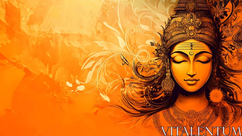 Ornate meditative deity portrait in monochrome saffron spectrum.