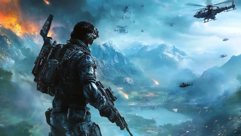 Heavily armed soldier surveys alpine battlefield under dense aerial assault