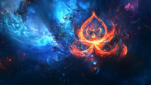 Fiery nebula structure forms against swirling blue cosmos