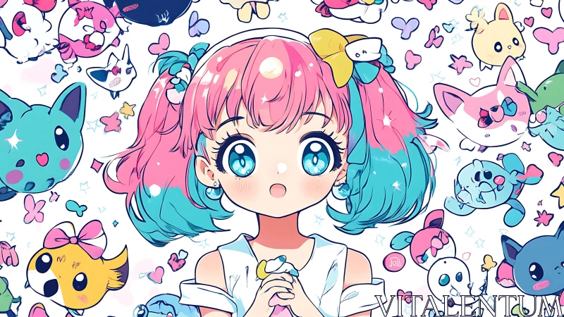 Pastel haired anime girl glows amid dreamy kawaii creatures