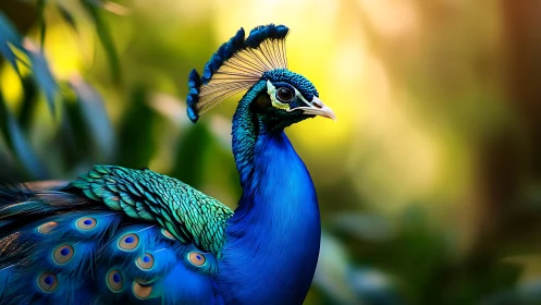 Vibrant peacock in soft-focus nature, vivid digital art style.
