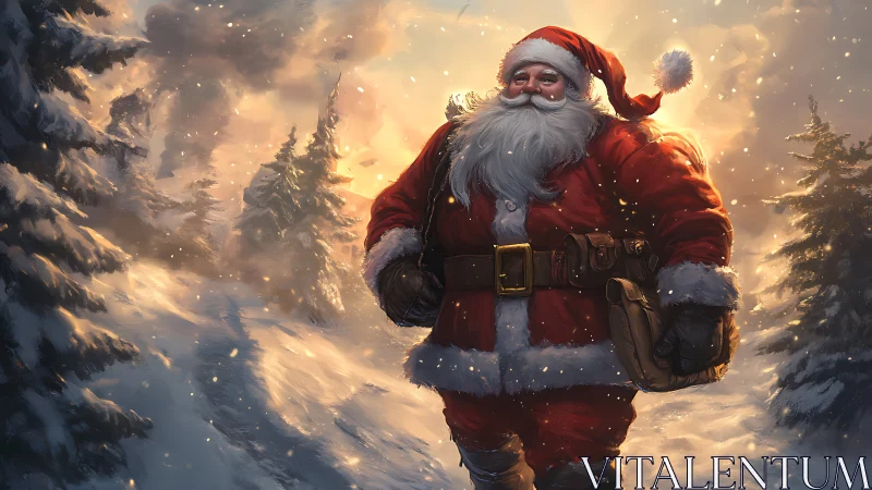 Warm-hearted Santa strolling through a glowing winter forest.