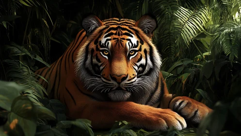 Jungle throne tiger resting in emerald shadowed quietude.