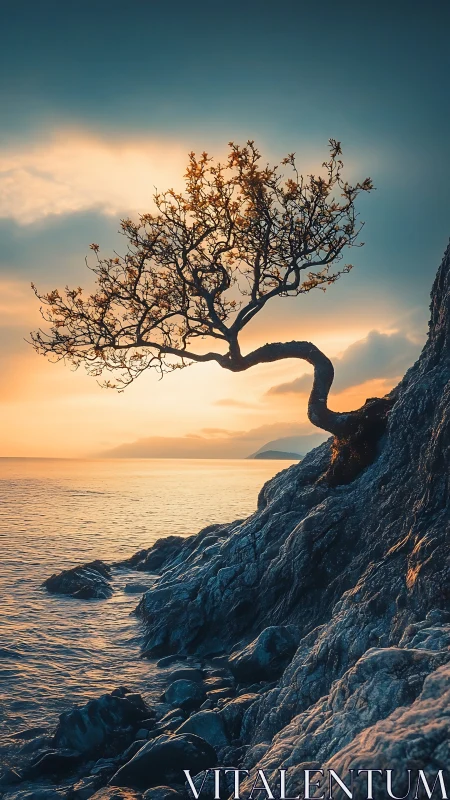 Solitary coastal tree on rocky slope at low sunset light.