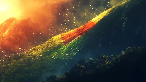 Italian tricolor sweeping across surreal sunlit mountainscape.