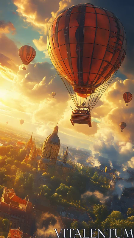 Sunlit hot air balloons drifting above historic city skyline.