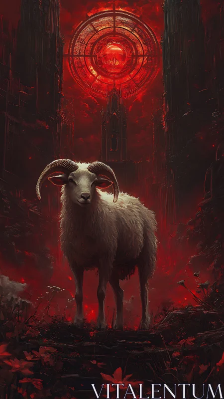 Gentle horned sheep stands beneath a glowing crimson halo
