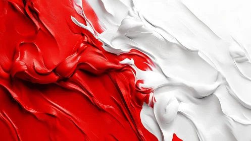 Abstract red and white oil paint texture with flowing waves.