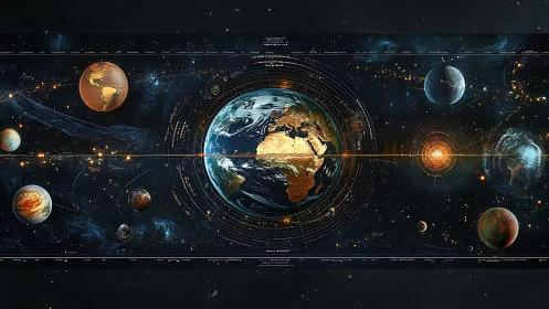 Solar system data visualization with illuminated Earth core.