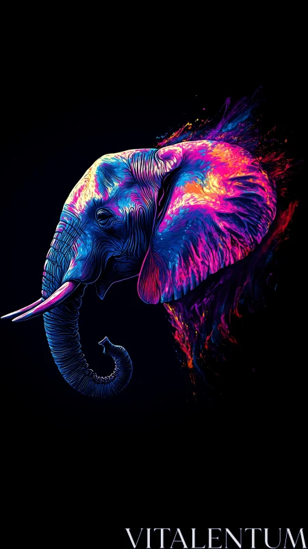 Neon-contoured elephant head dissolves into chromatic plasma