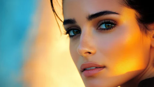 Hyperreal close-up portrait in warm sunset rim lighting