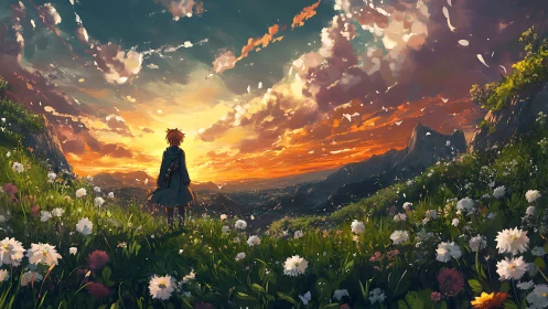 Sunset meadow invites a lone traveler toward hopeful horizons