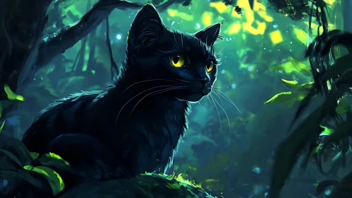 Black cat with yellow eyes in dense green forest light.