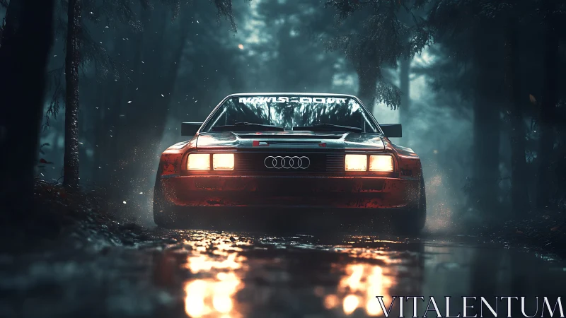 Rally car powers through misty forest night roadway.