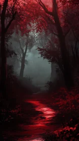 Red Forest: Mystical Tree-Lined Stream at Dusk