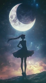 Moonlit dreamer twirls beneath a colossal crescent sky