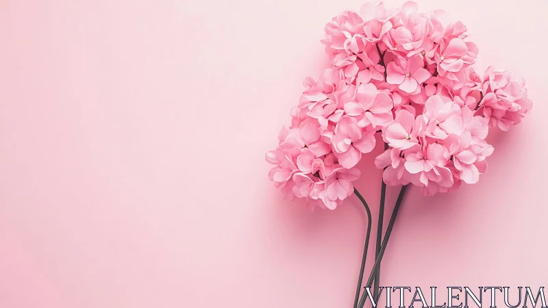 Soft pink hydrangea bouquet resting on gentle pastel pink.