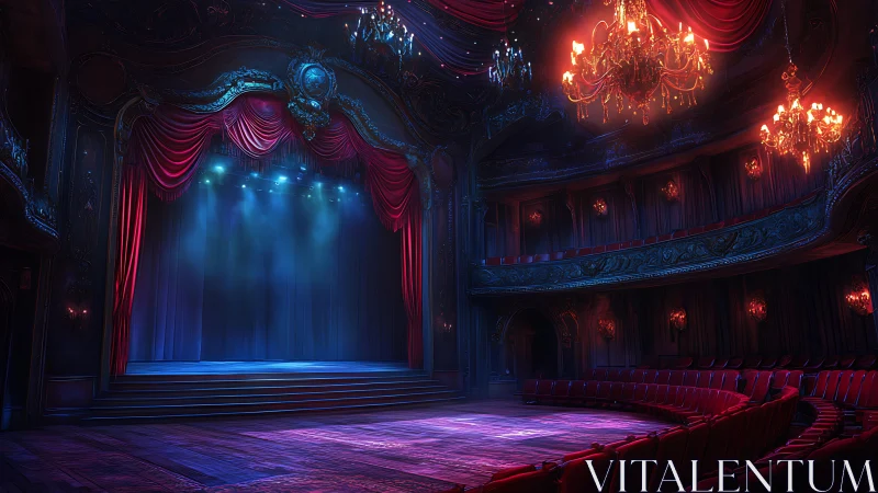 Velvet-curtained theater glows in soft blue and golden light