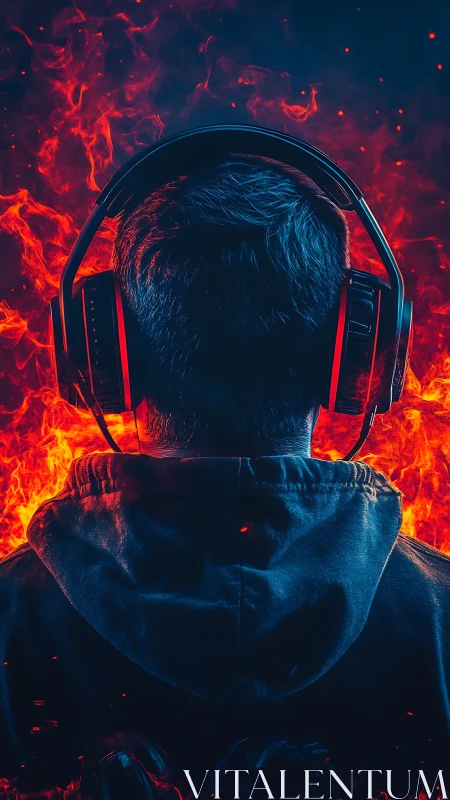 Rear view gamer silhouette with headphones and fire glow.