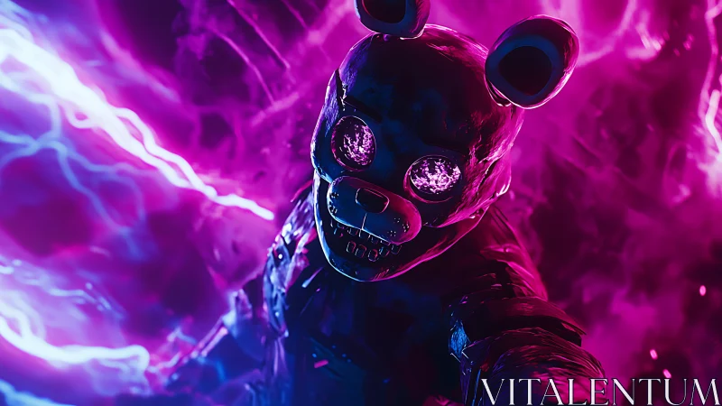 Neon cyber bear skull leers from an electric purple void