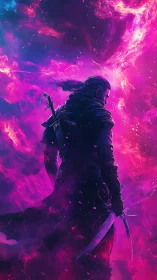 Neon-lit warrior silhouette emerges from swirling cosmic nebula