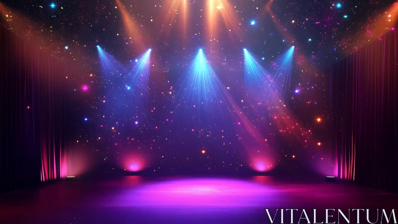 Empty stage glows under colorful spotlights and starry haze